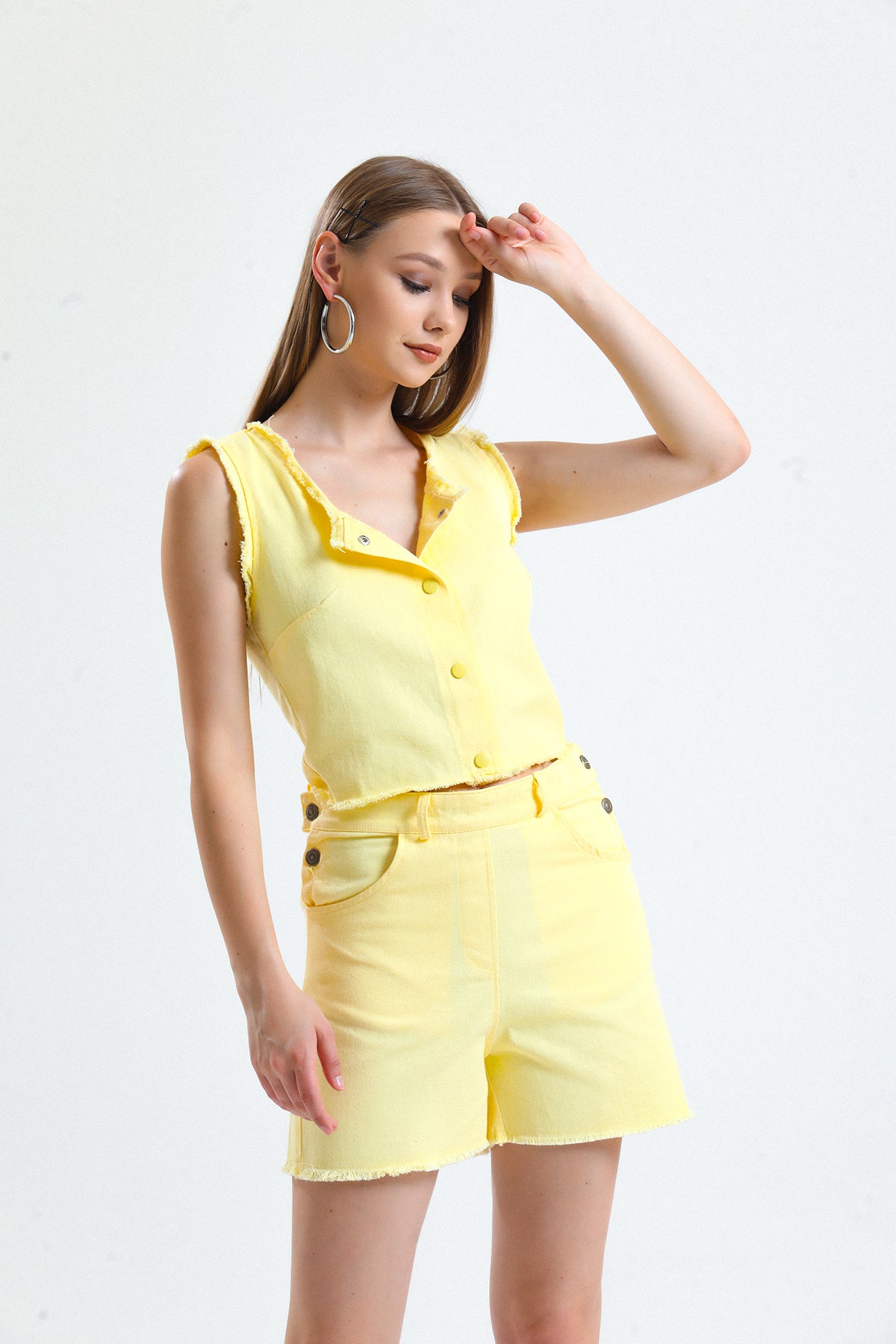 Cute Ceket Şortlu Jean Takım Sarı